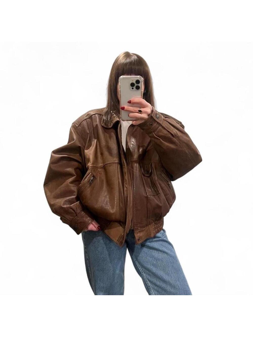 Vintage 90s Brown Leather Bomber Jacket